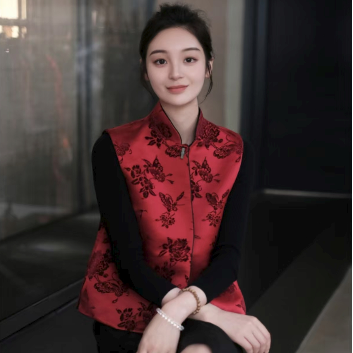 盛唐牡丹朱砂红底色真丝漳绒马甲