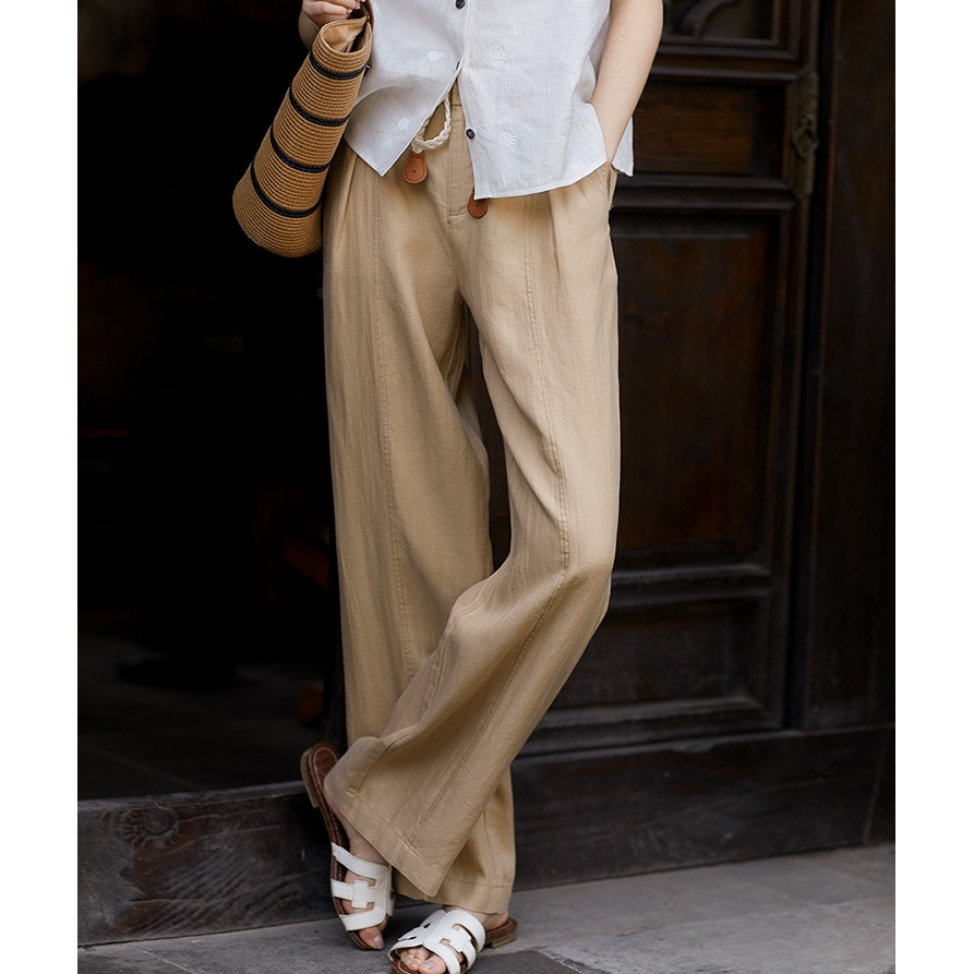 【优米娜】亚麻裤呼吸感畅快通勤2025春夏新款宽松直筒阔腿休闲裤女