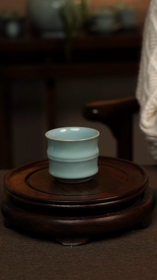 瓷片天青色全手工竹节杯100ml微瑕不带礼盒