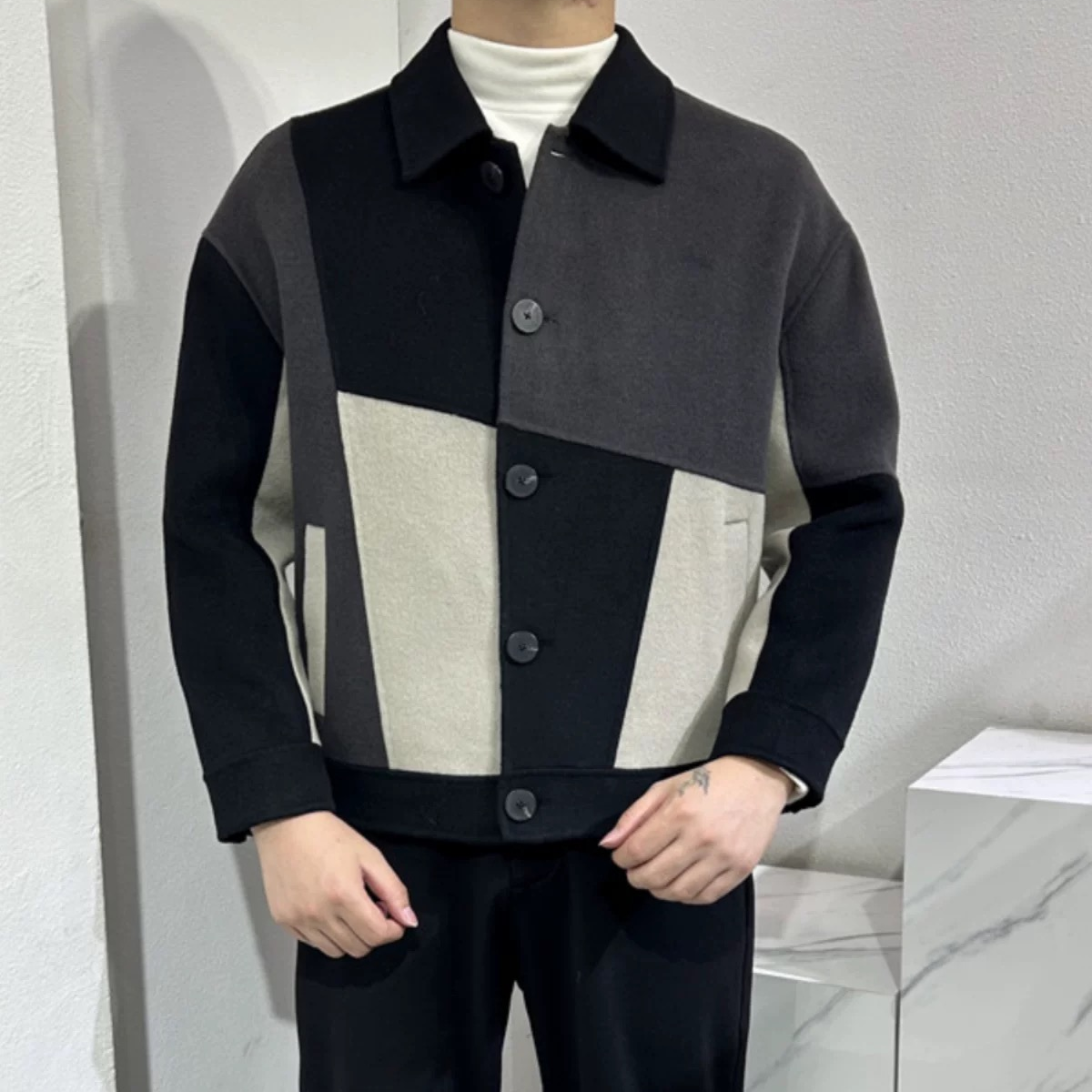 潮流时尚休闲宽松男士拼接撞色翻领双面羊毛呢子夹克24593