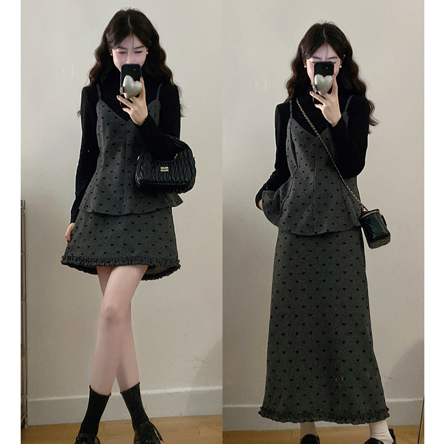 温柔吊带背心叠穿打底衫半身裙三件套小众2025冬装新款胖mm大码女