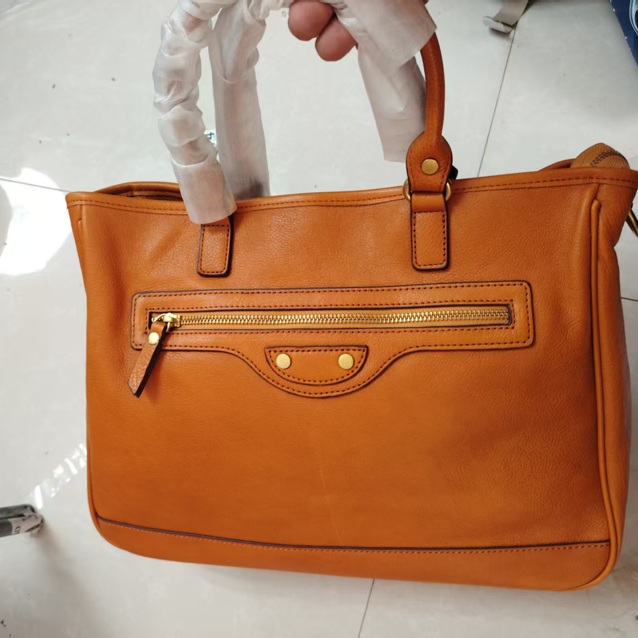 单根单肩包托特包百搭公文包卷毛手工皮具橙色