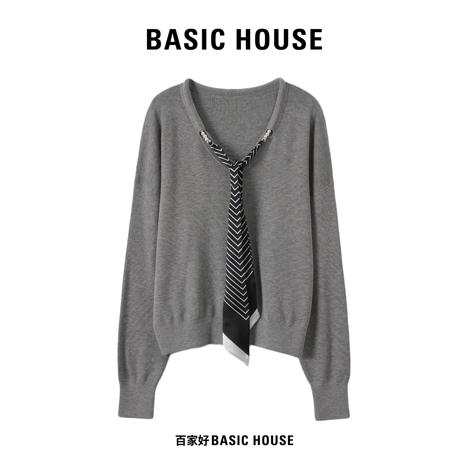 Basic House/百家好2025秋季绞花设计师款领带百搭针织衫M022 MM