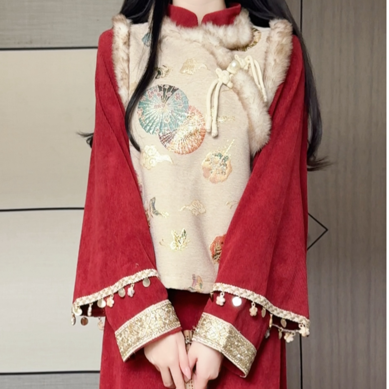 旗袍新年冬季新款改良马甲旗袍复古民国风灯芯绒少女长裙