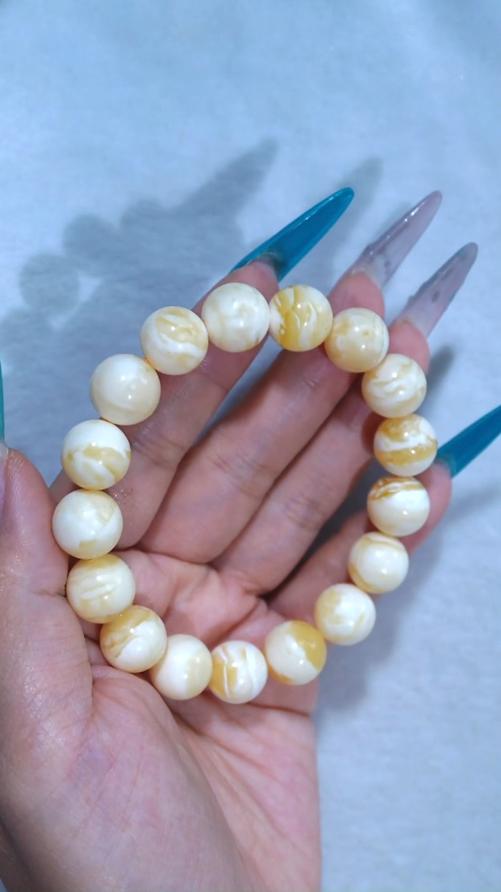 手链琥珀未镶嵌典藏级12.3mm瓷白浓蜡虎皮纹妖花