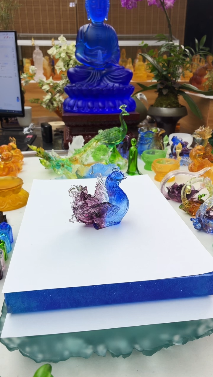 手工艺品琉璃蓝紫色朱雀摆件