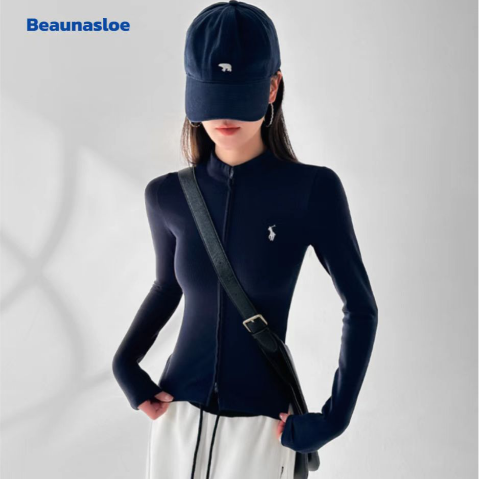 Beaunasloe拉链立领刺绣长袖T恤女秋季设计感显瘦长袖上衣开衫