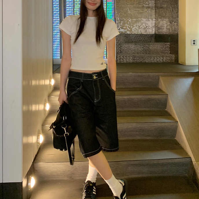 蓝色牛仔短裤女士五分裤子夏季新款美式复古直筒显瘦宽松阔腿中裤