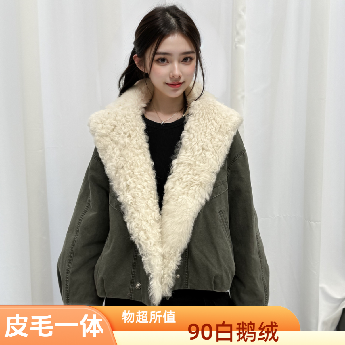 BAERRLI/2025韩版羊毛皮毛一体鹅绒服简约大气时尚保暖百搭短款