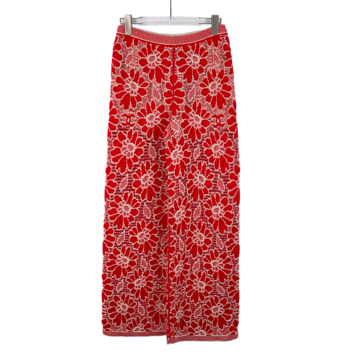 99新 Chanel/香奈儿 IW0199 红色羊毛花卉镂空针织阔腿长裤 36码