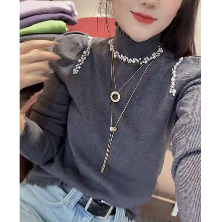 2026韩系新款春秋季时尚钉珠高领花边带钻圣诞红长袖针织衫H5-49