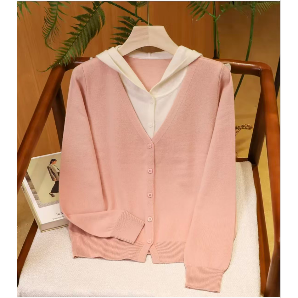 秋冬上新100%绵羊毛假两件开衫帽衫女式羊毛衫25DAK1318