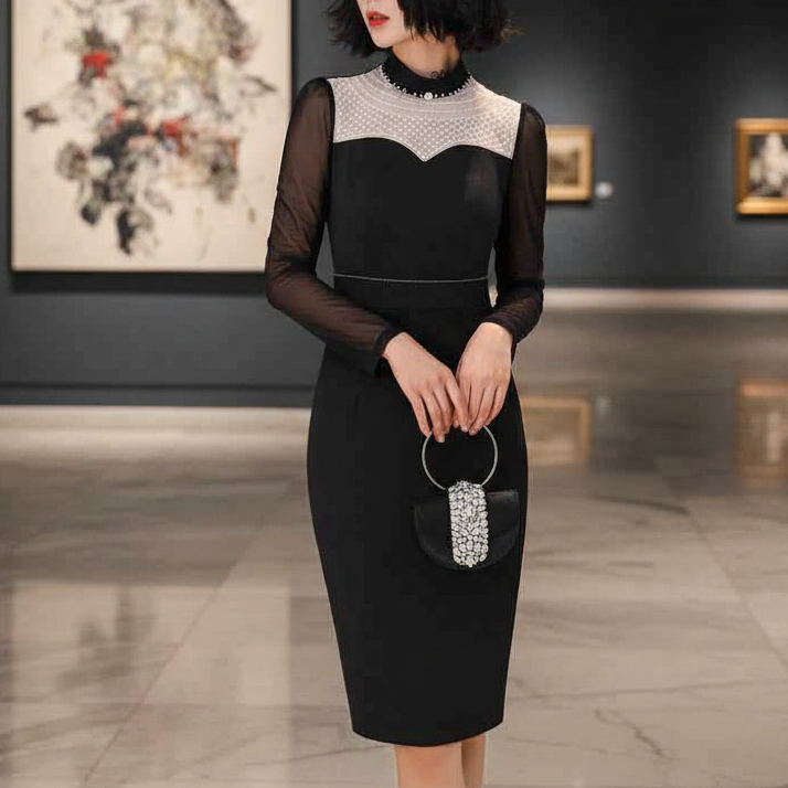 法式秋季连衣裙静奢钉珠连衣裙设计师显瘦时尚修身裙