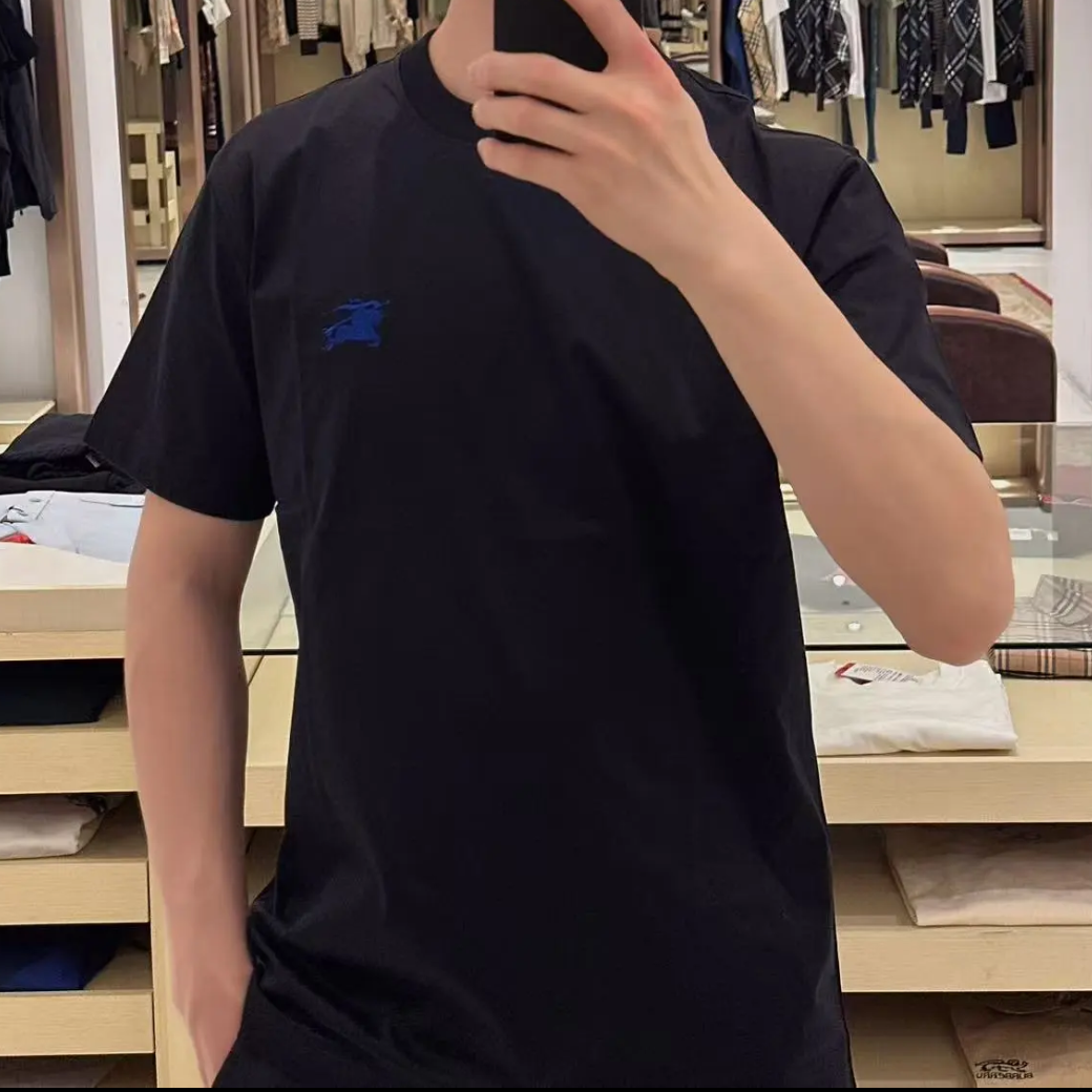未使用 BURBERRY/博柏利 蓝色刺绣战马标圆领短袖T恤男女黑白简单