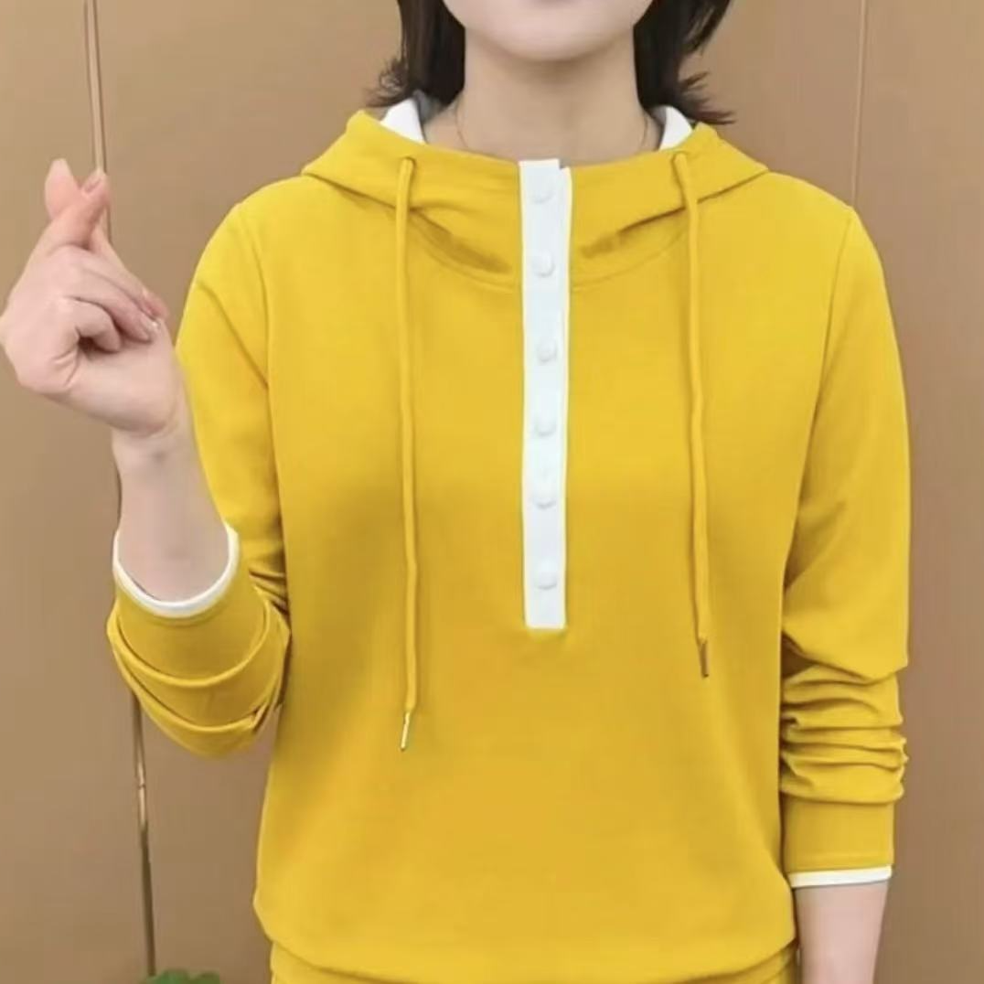 空气棉春款连帽拼色抽绳卫衣宽松遮肉显瘦