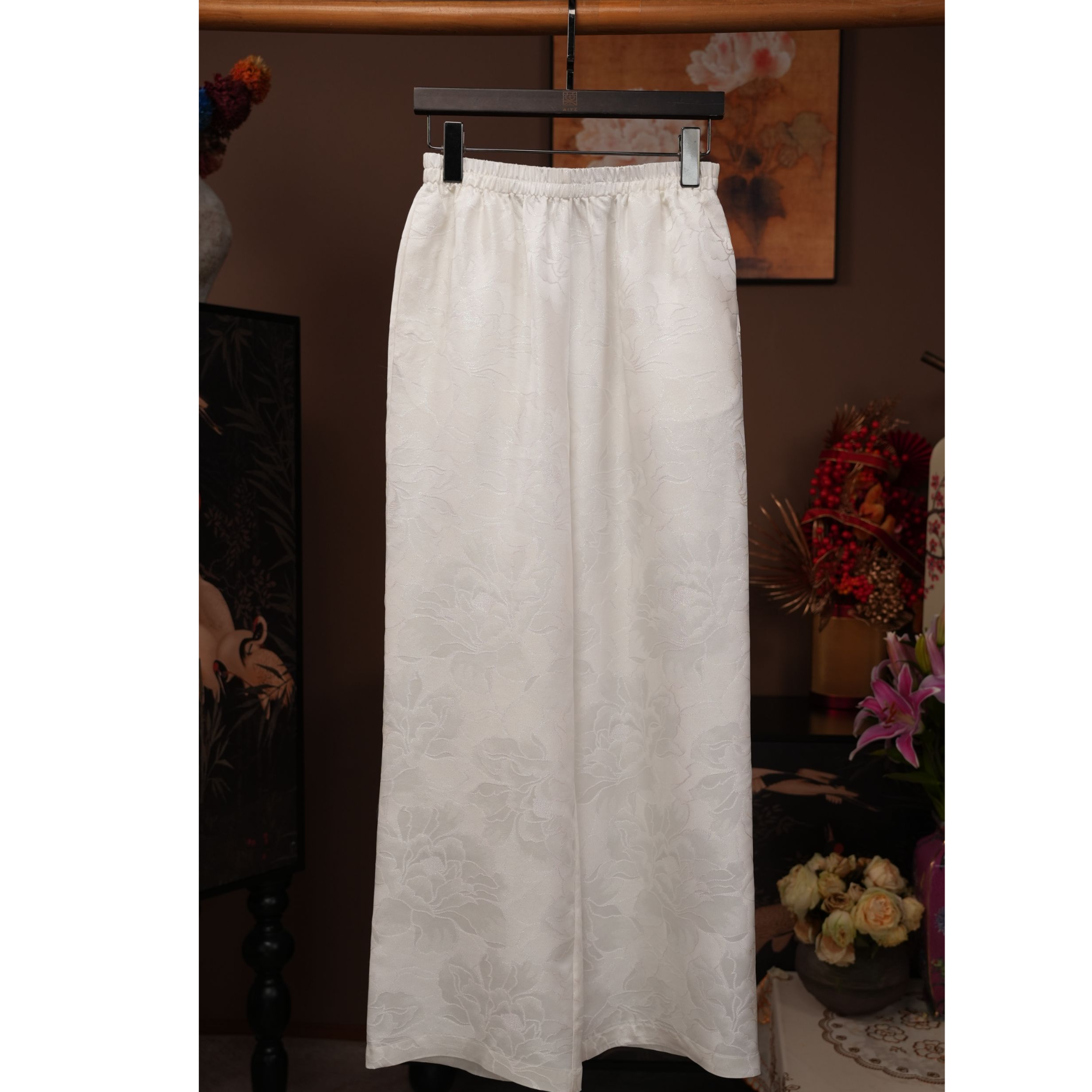 承国风100桑蚕丝正绢直筒裤时尚休闲百搭宽松松紧腰AH12KZ015