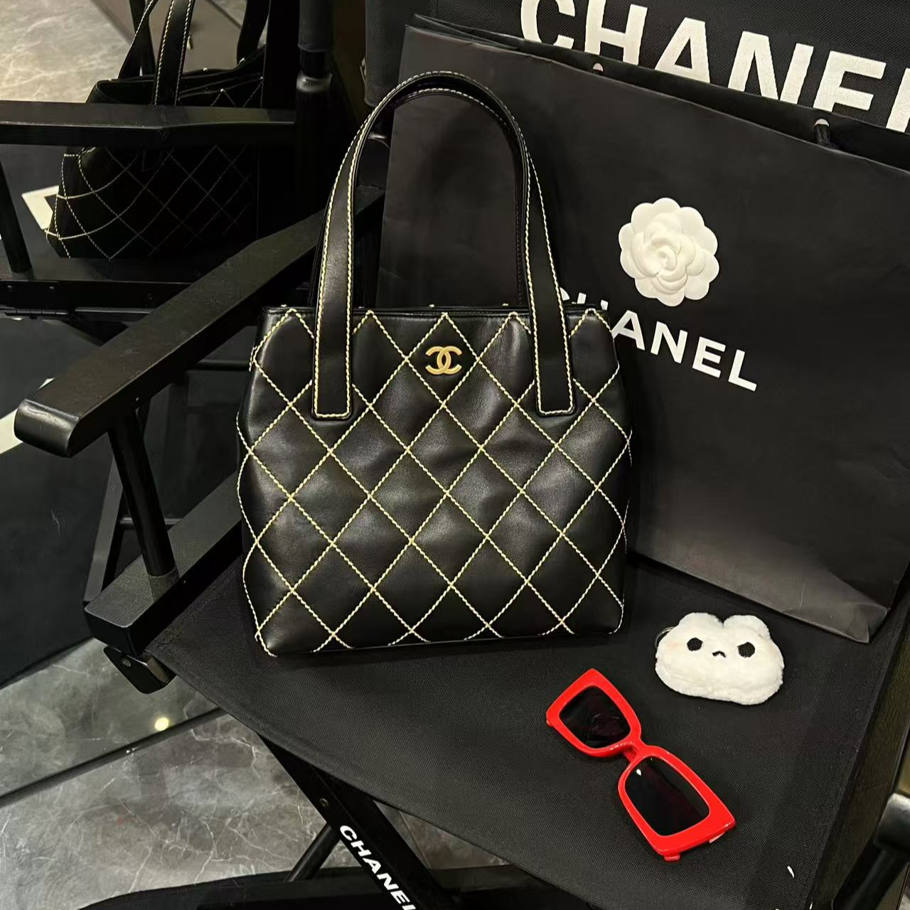 95新 Chanel/香奈儿 黑色外缝线单肩包标卡齐7开G4052