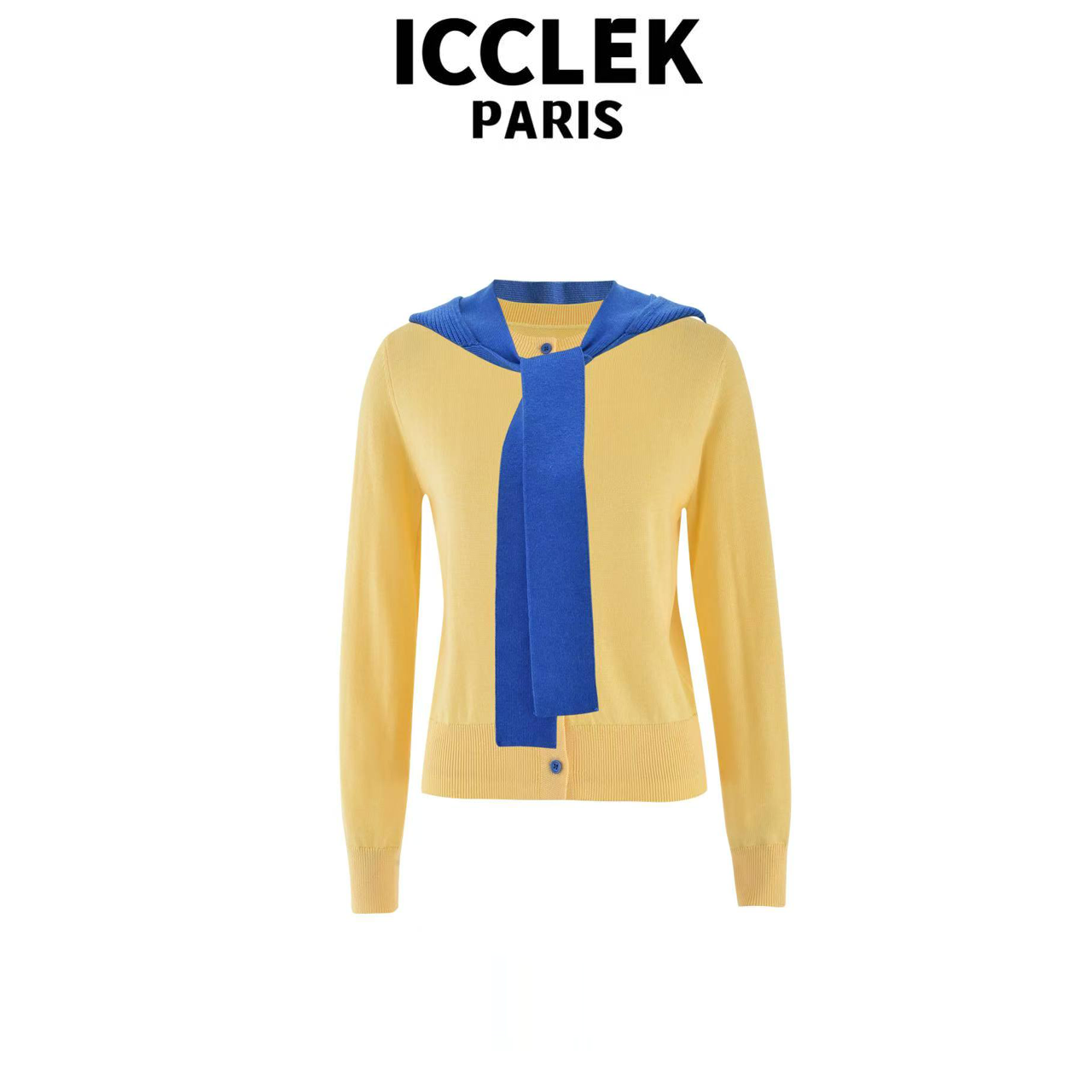 ICCLEK 柠檬黄拼色长袖连帽长袖针织衫宽松通勤秋冬百搭上衣-7021