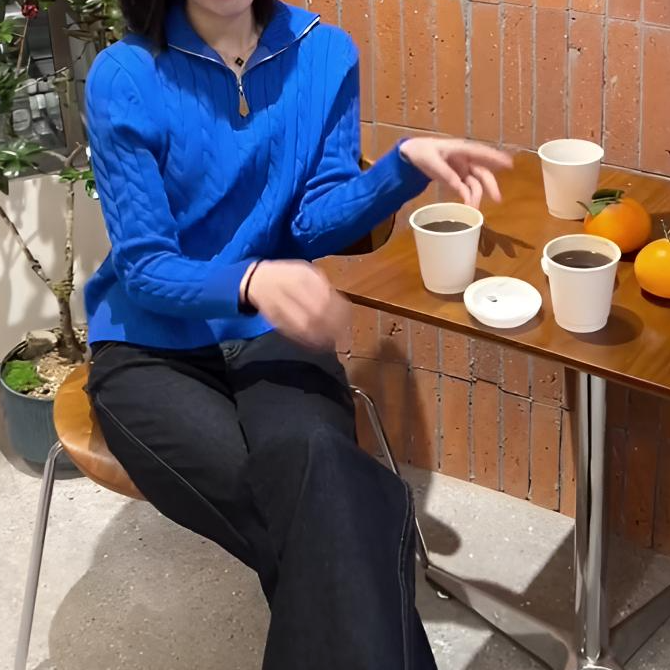 克莱因蓝全羊毛新款半拉链宽松休闲时尚翻领高贵上档次外套毛衣