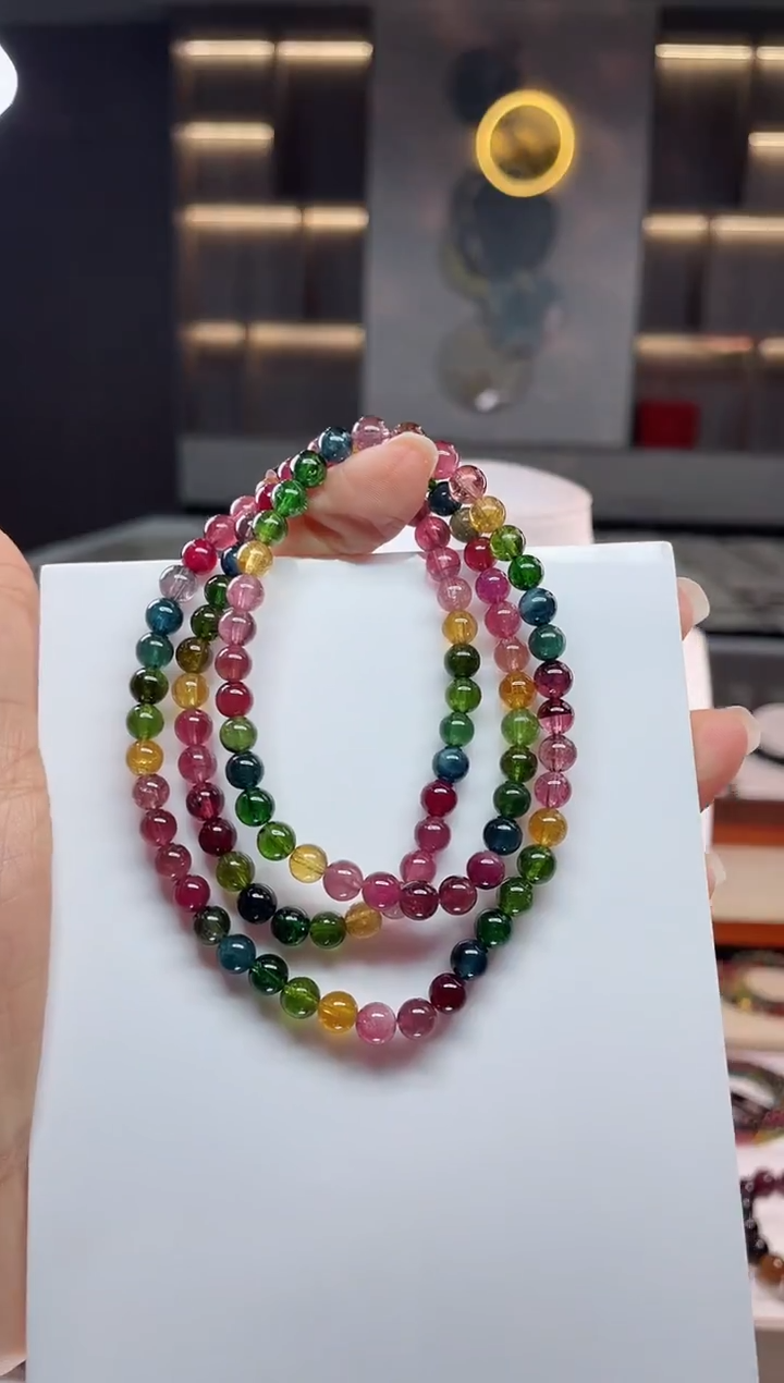 未镶嵌老矿碧玺彩虹三圈手串5mm+碧玺（多样性发一条）Q