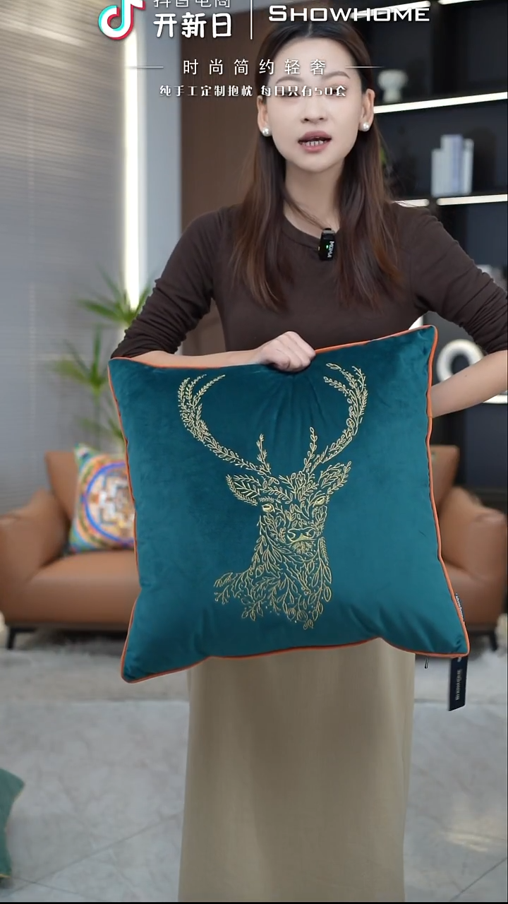 刺绣麋鹿蓝绿色50X50带芯