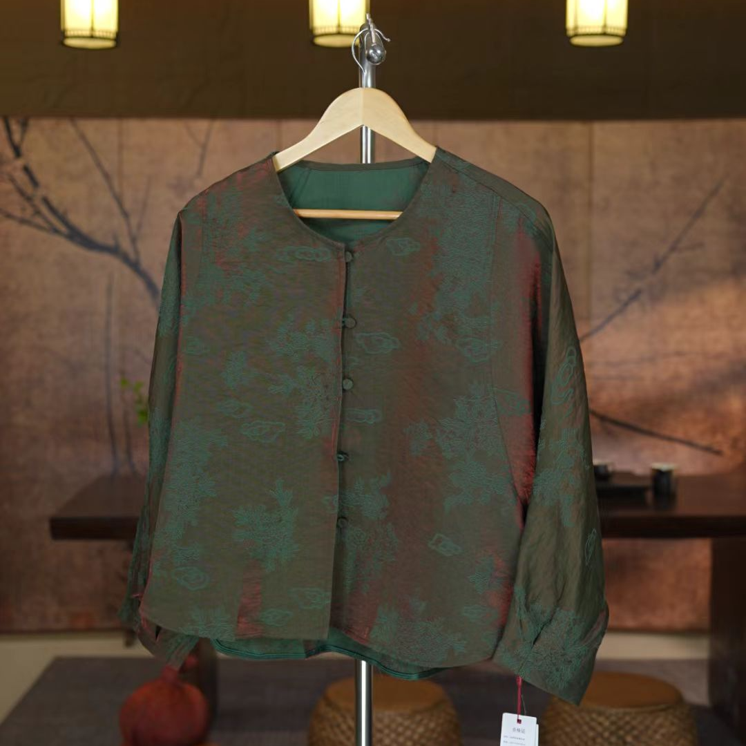 【云梦静泽】高端新中式国风圆领浮光锦提花不规则蝙蝠衫老钱风