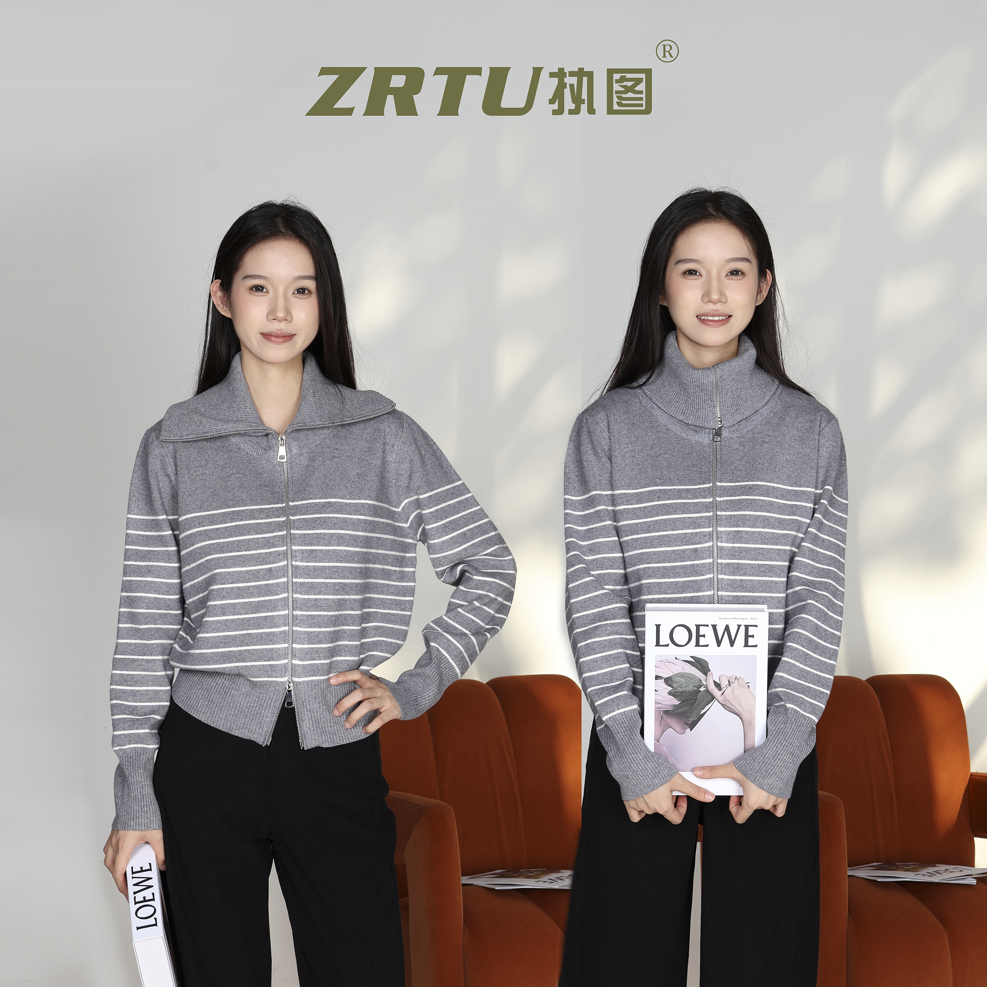 【ZRTU/执图】秋冬条纹针织衫大翻领毛衣外套ZR2116