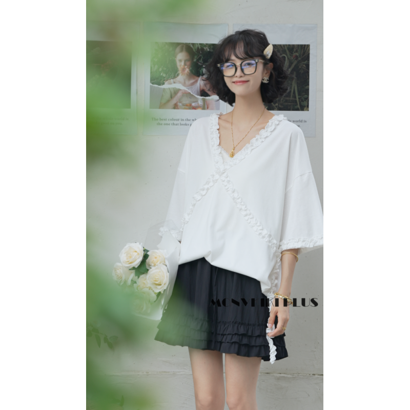 MoNvKiKiPlus5【心心念念】蕾丝边100%纯棉T恤短袖时尚宽松百搭H003