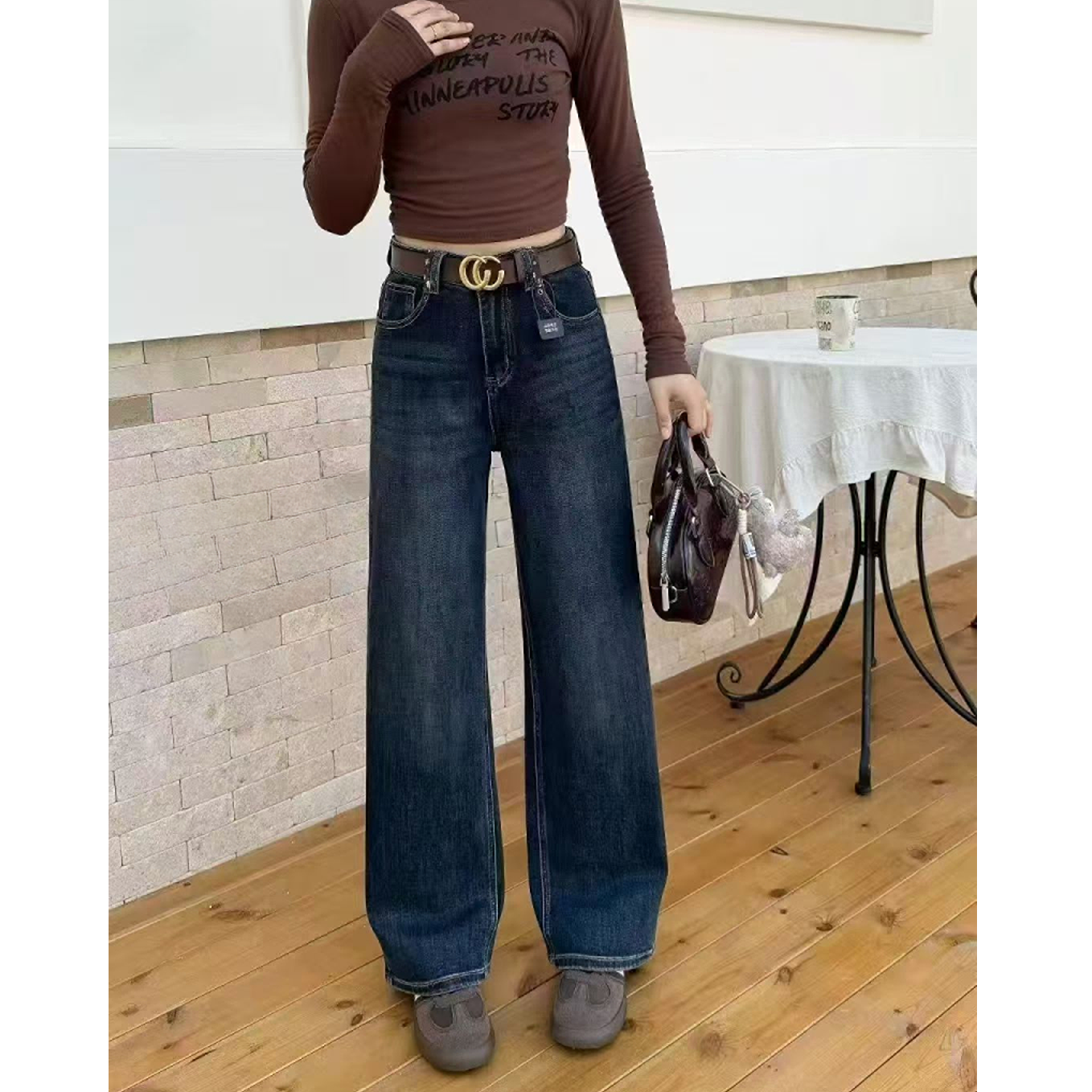 【兰菲娅】高腰显瘦雾霾蓝窄版直筒牛仔裤女 9698