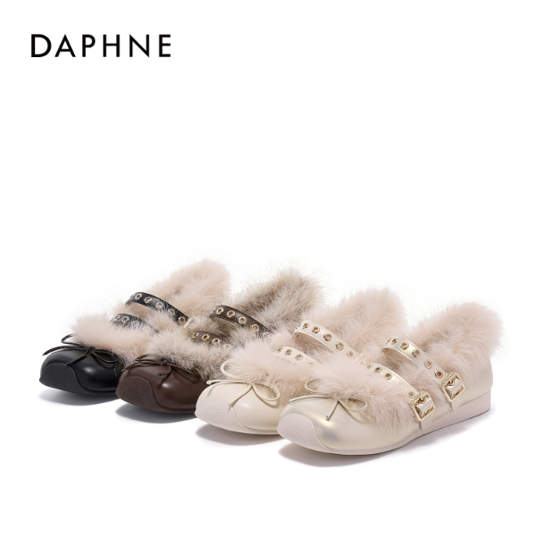 达芙妮新款2025冬毛绒边蝴蝶结加绒保暖平底鞋甜美元素百搭单鞋