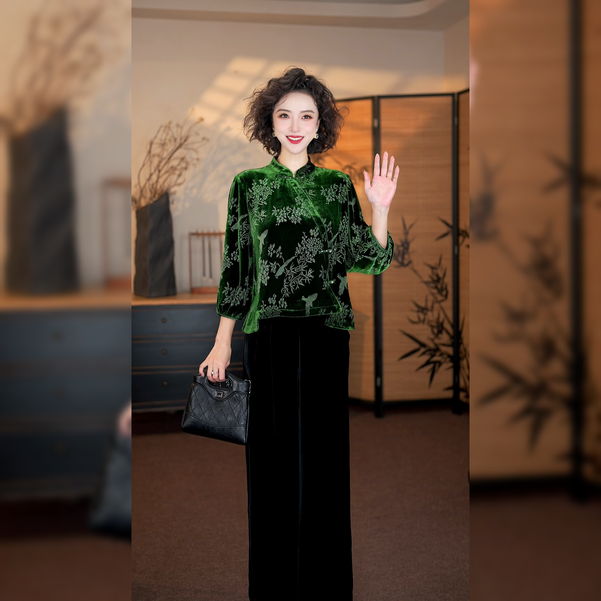 【喜上眉梢】满分桑蚕丝新中式国风提花显瘦气质宽松丝绒上衣G8697