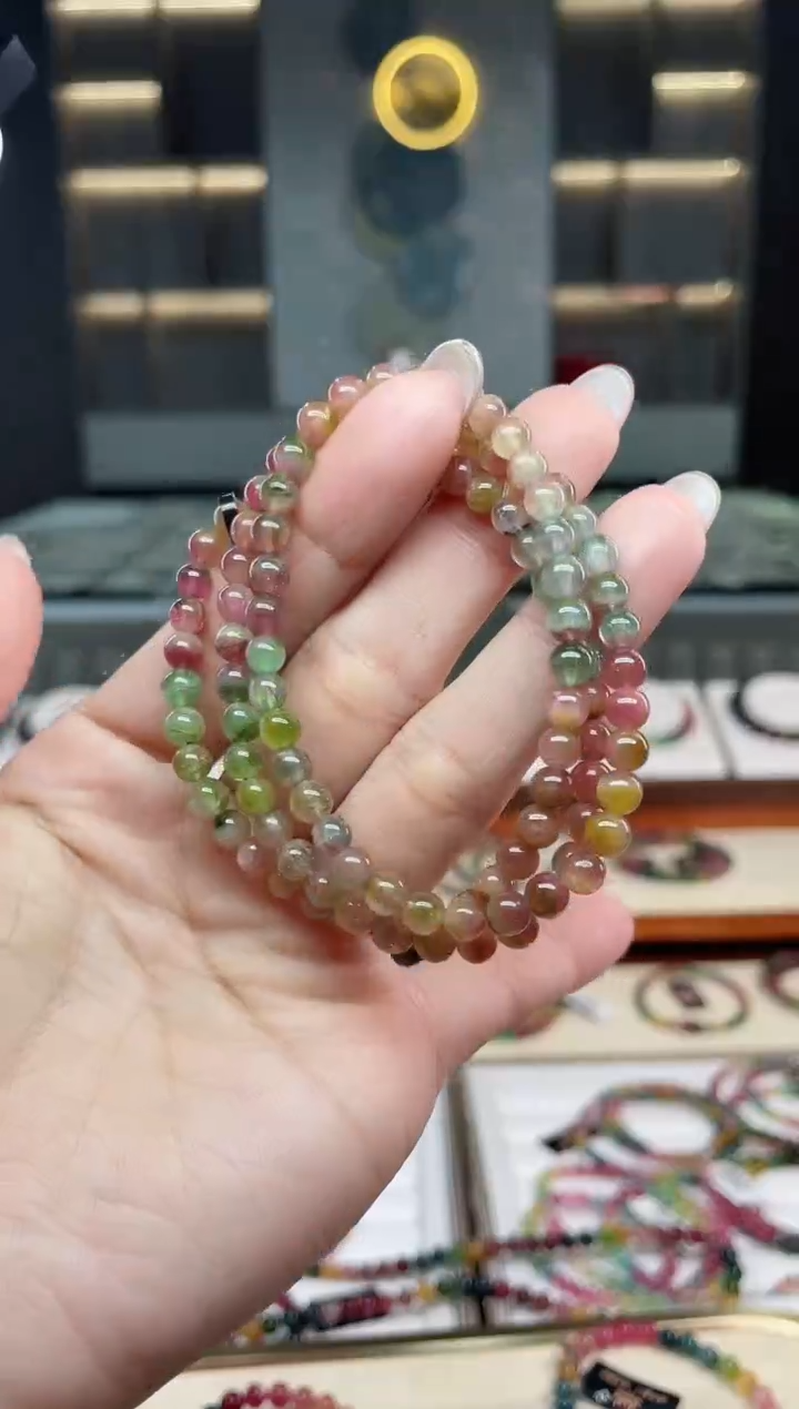 未镶嵌老矿碧玺彩虹三圈手串5mm+碧玺（多样性发一条）T