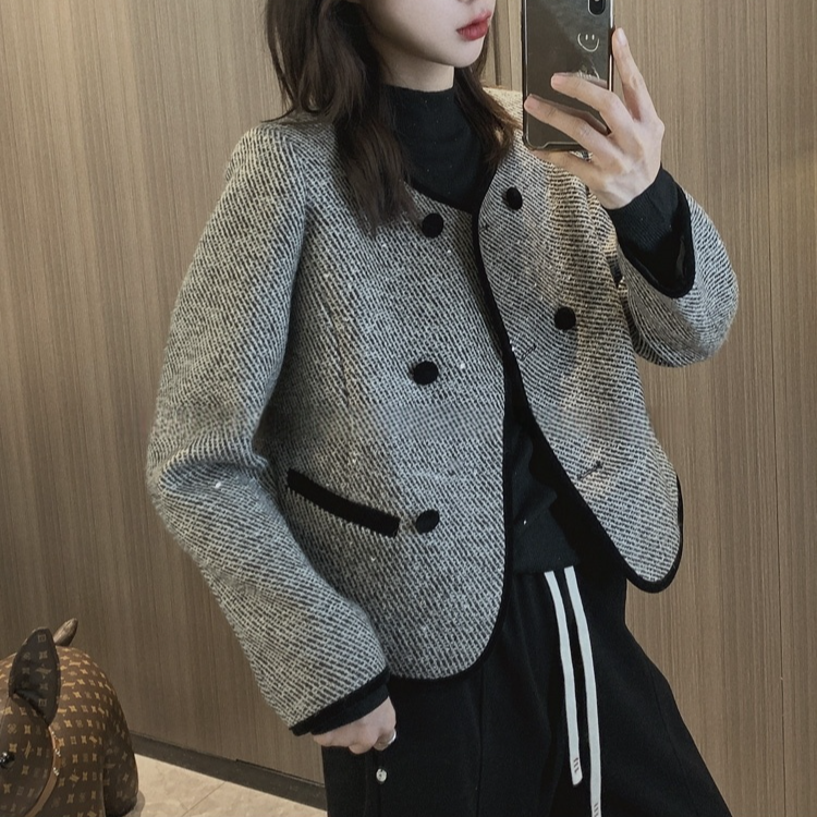 灰色条纹女短小香外套百搭秋冬休闲宽松春秋修身秋季外套韩版