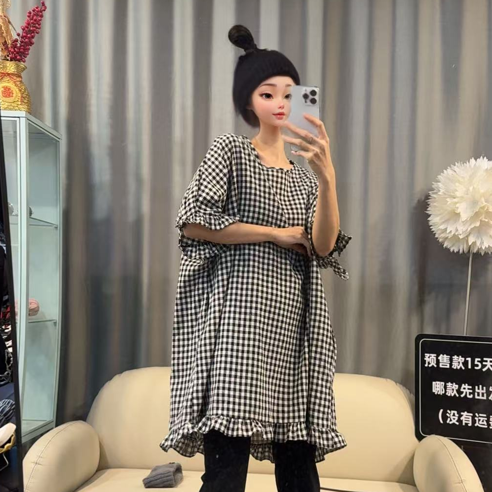 【文乐乐】夏季新款韩版洋气个性花边款时尚休闲潮流格子T恤66125