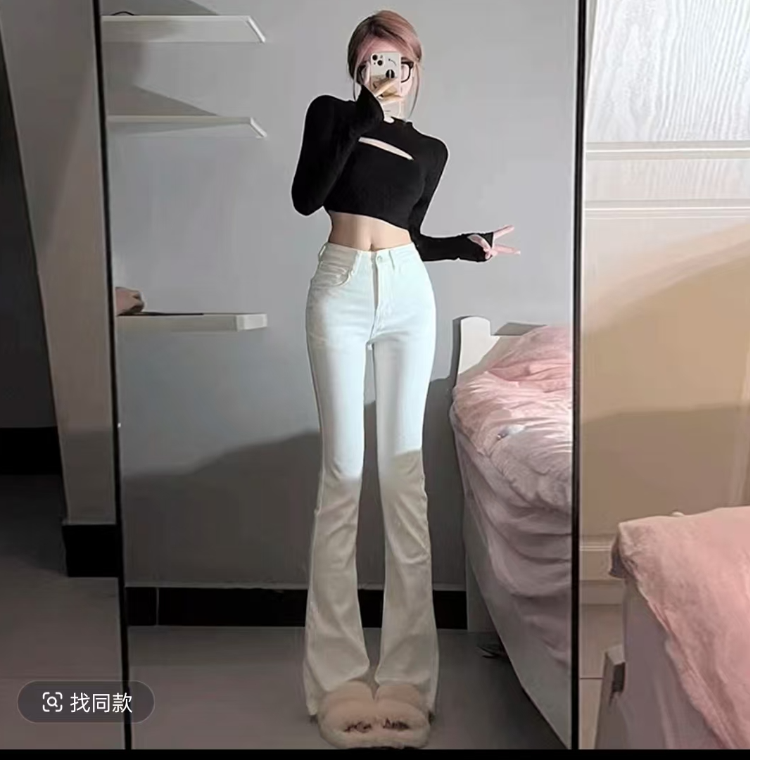 裤长116cm超长高个子白色紧身女春秋新款高腰显瘦微喇牛仔裤180