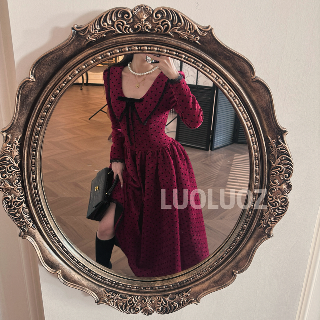 【现货】LUOLUOZ【迷人遐想】气质俏皮复古红波点长款连衣裙JF557