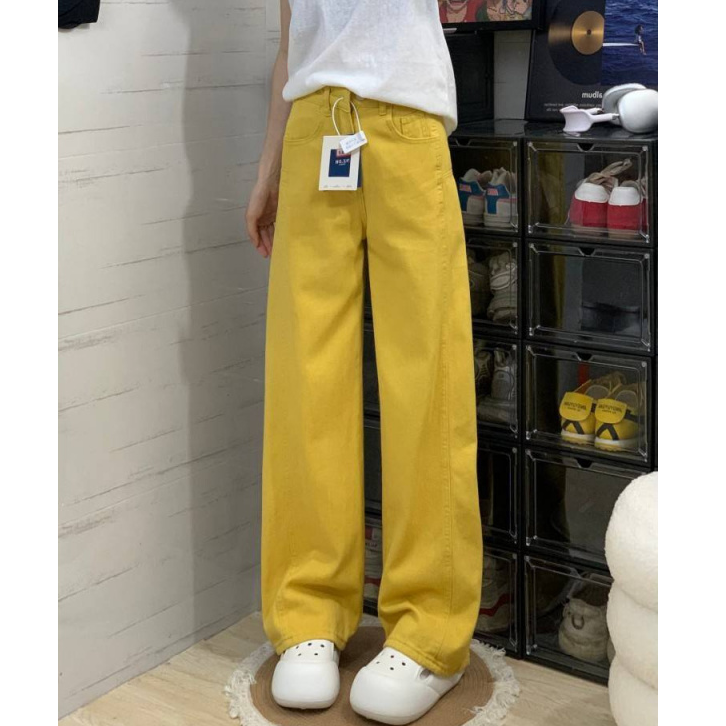 2025夏季新款黄色多巴胺直筒阔腿牛仔裤女美式高腰宽松垂感裤子