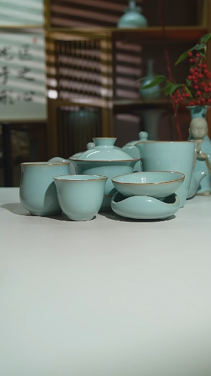 珑匠天青玉兰盖碗十件套二级