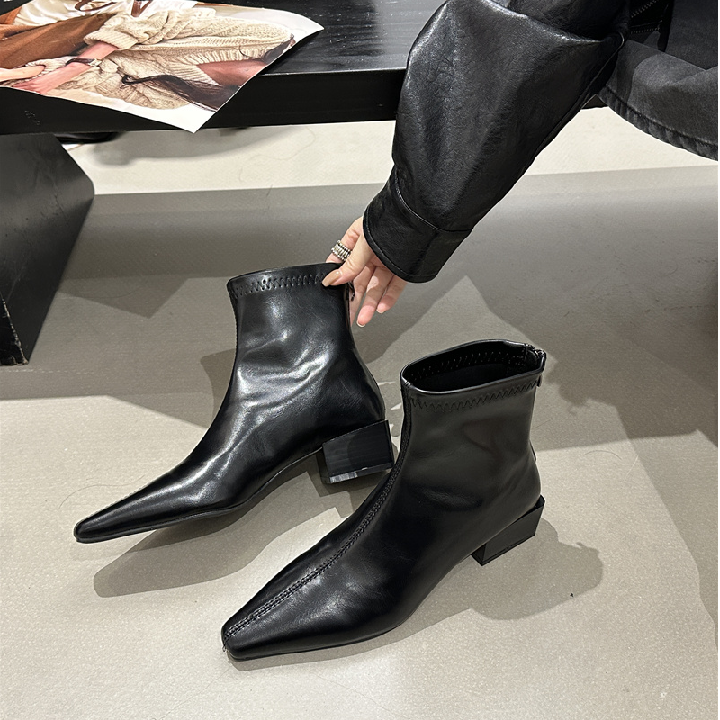 羊皮版~韩系小方头粗跟瘦瘦靴女款2025新款时尚时髦洋气短靴女靴