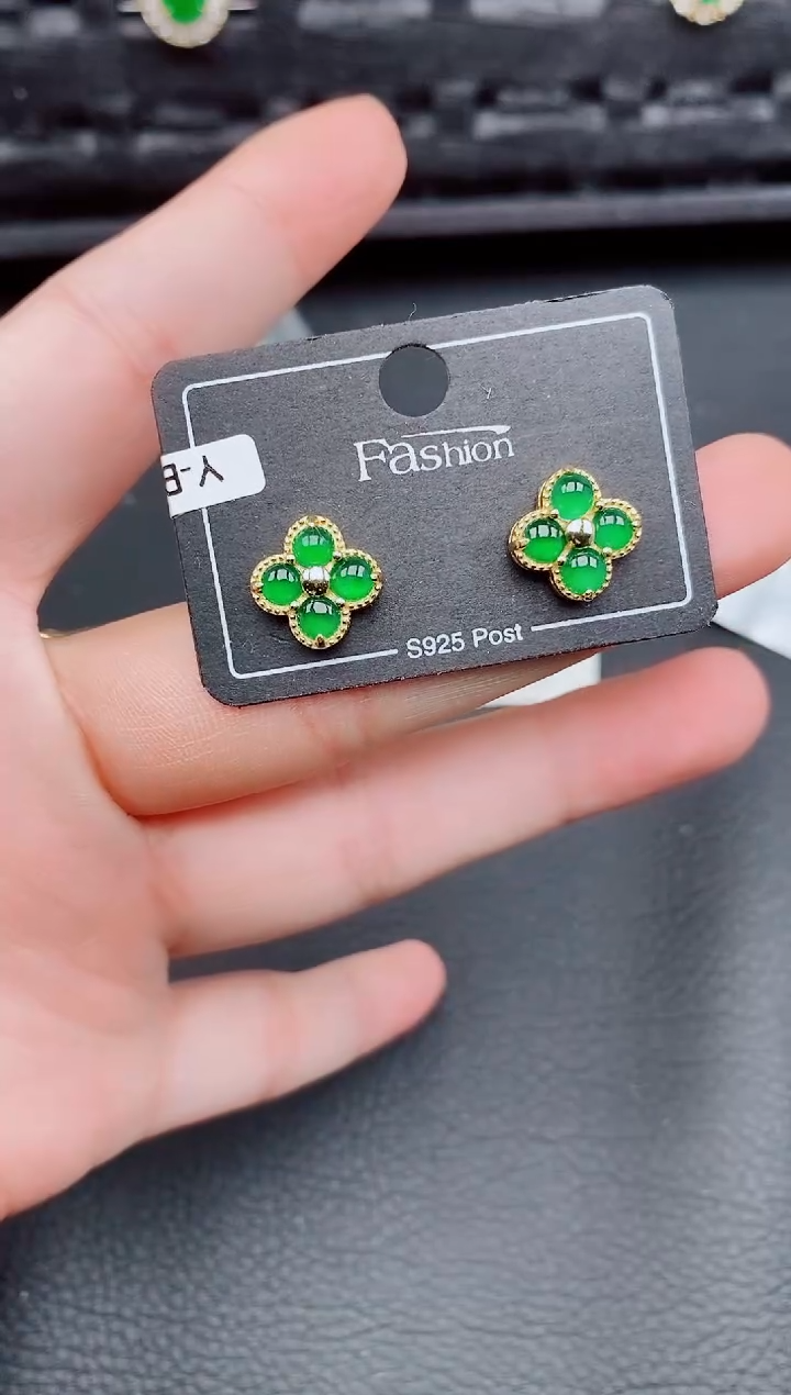 【闪购商品】翡翠耳饰银S925镶嵌天然a货翡翠496