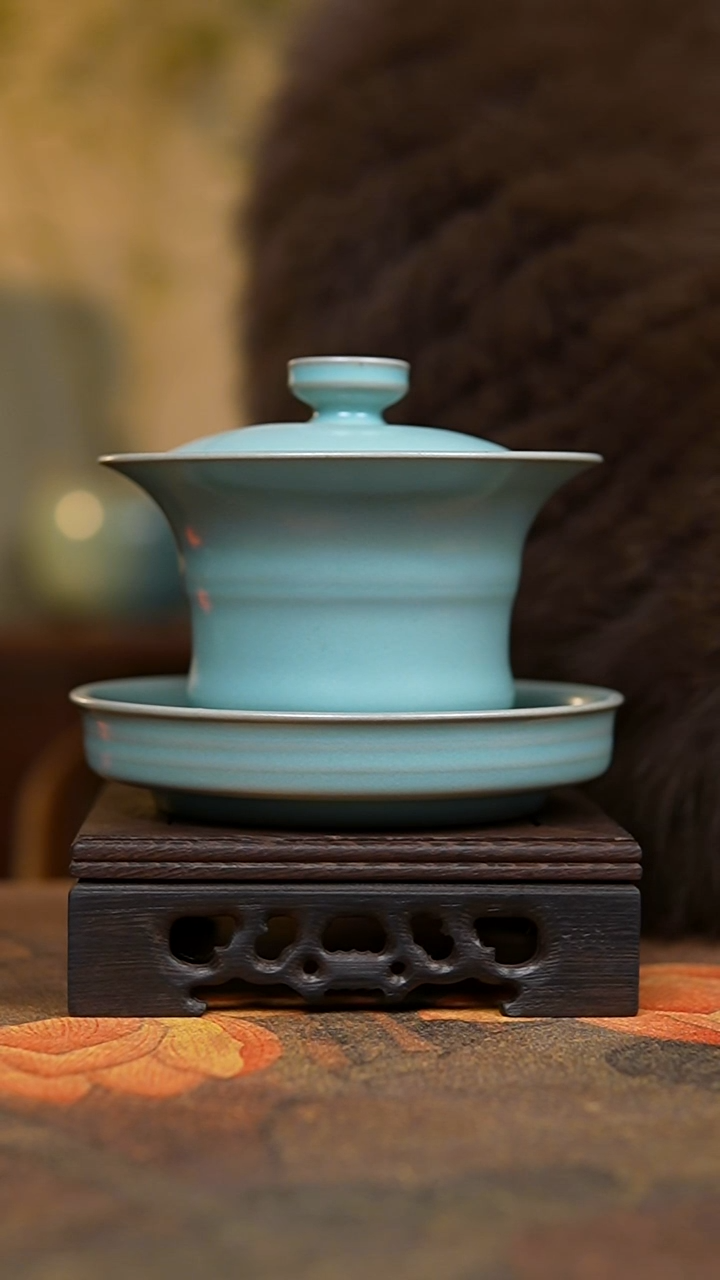 杯仿古天青三才大竹节盖碗瑕