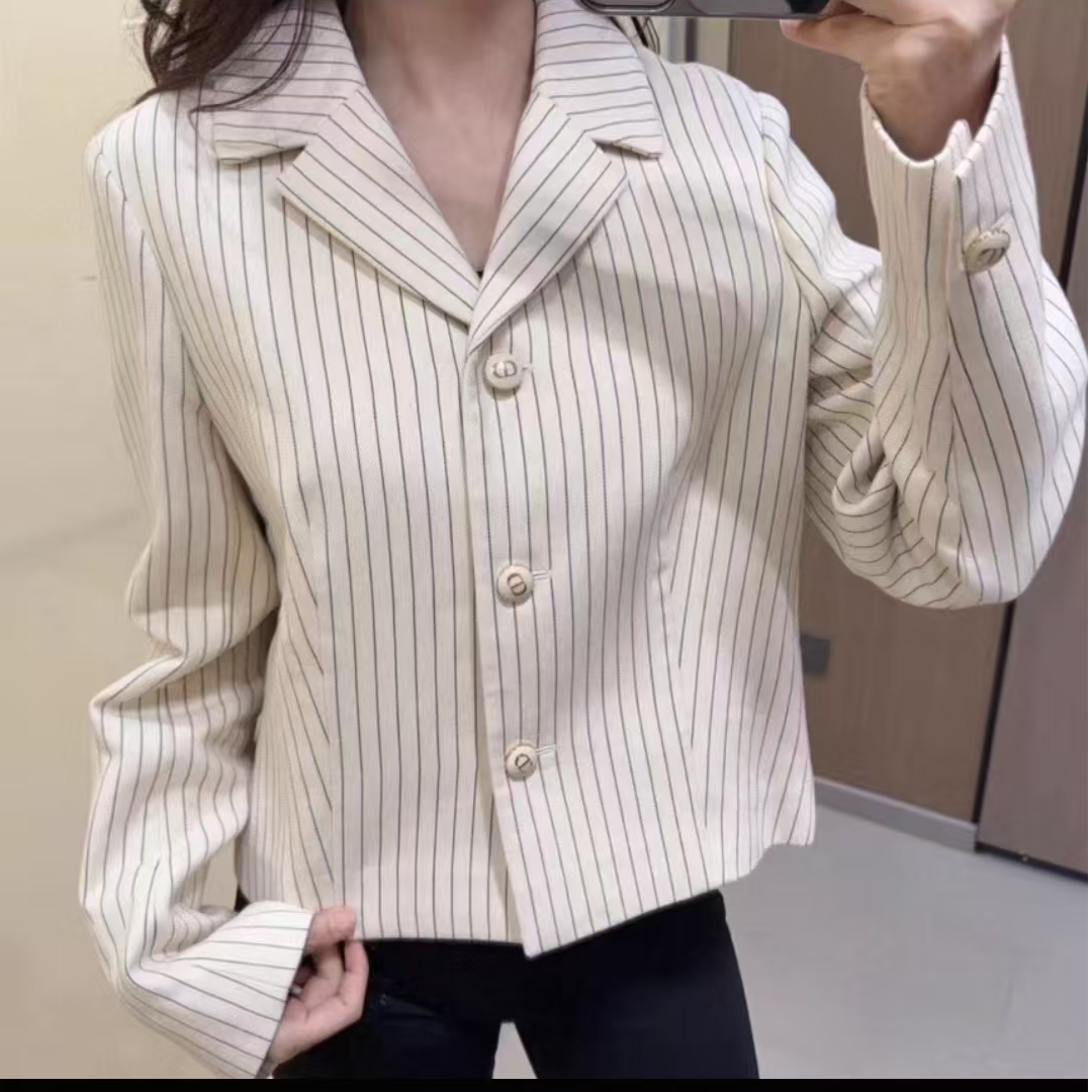未使用 DIOR/迪奥 Dior 米色竖纹棉质翻领单排扣西装外套 40
