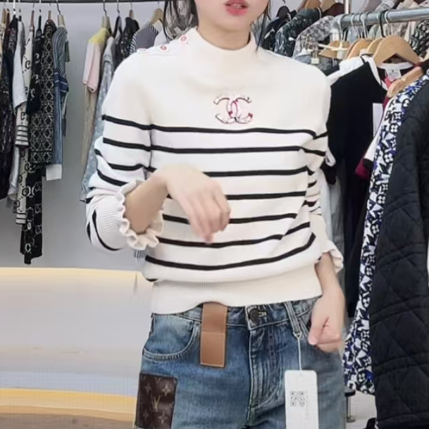 未使用 Chanel/香奈儿 针织条纹长袖 深蓝白/34