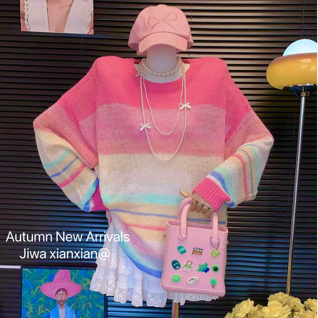 【纯熙+】90383早秋新款彩虹毛衣针织衫女韩版宽松百搭上衣