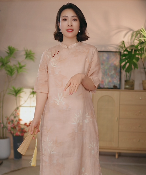 麻天下【纯雅】民族风苎麻复古文艺原创新中式斜襟印花改良旗袍