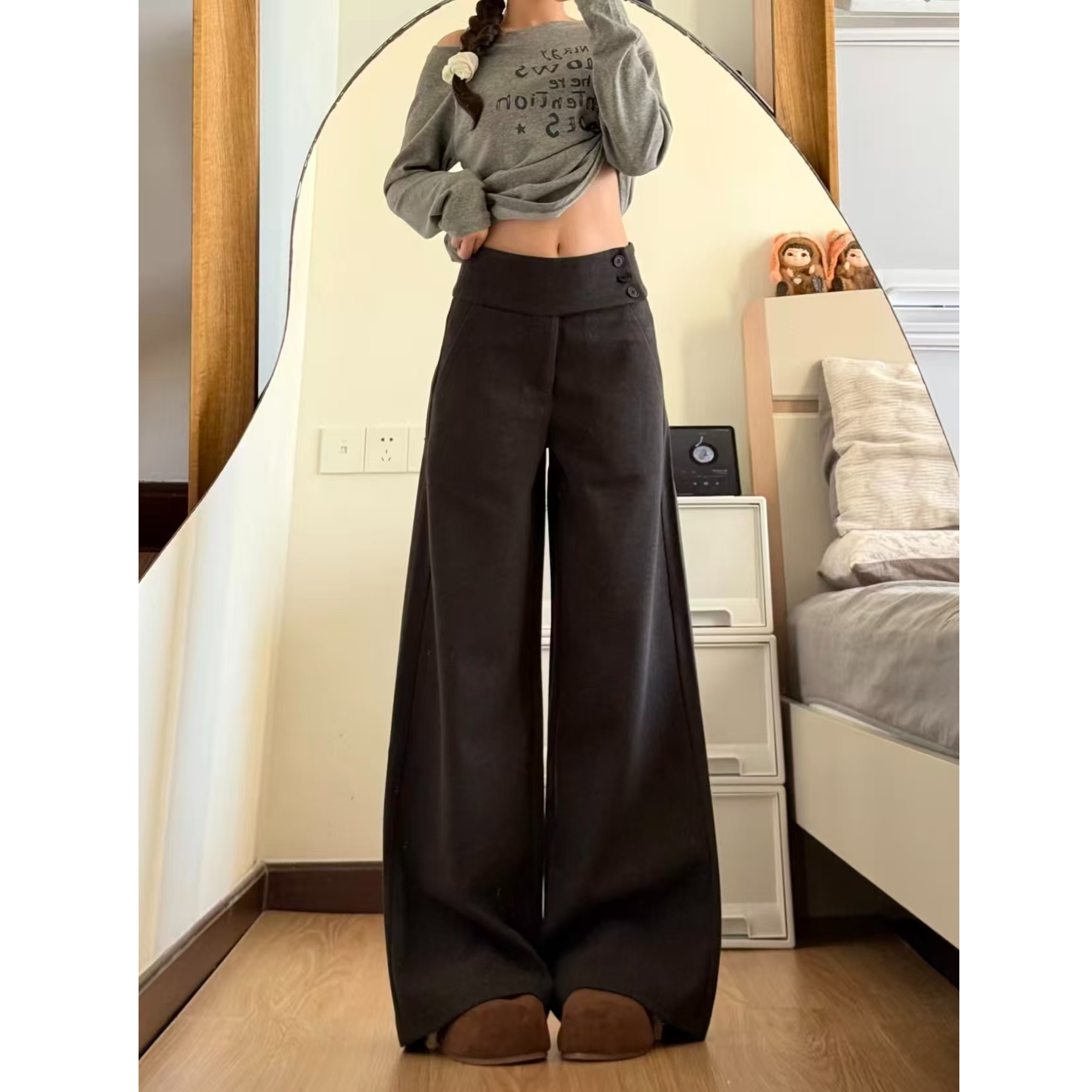 2026新款高腰毛呢阔腿裤女设计感通勤裤子宽松拖地灰色休闲西裤