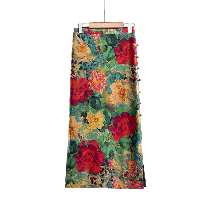 香云纱（歆楠）重缎印花时尚气质开叉复古半身包臀裙---51150