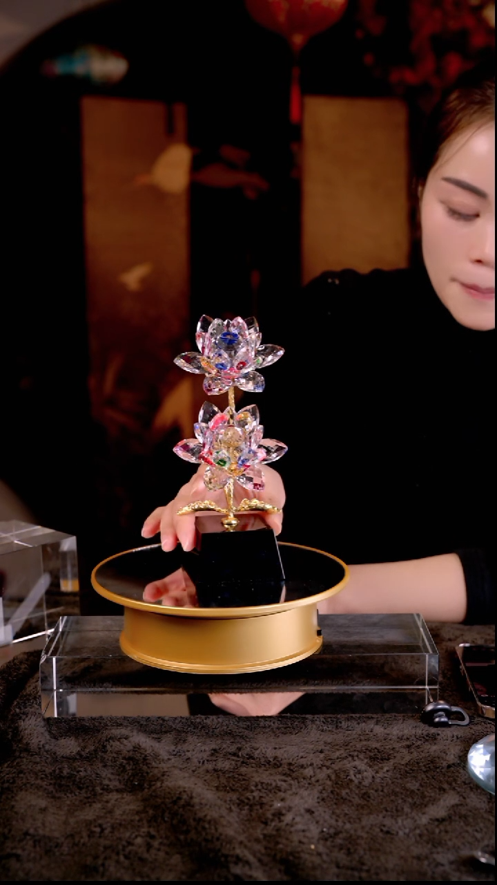 人造水晶老板娘水晶并蒂莲花居家摆件装饰品