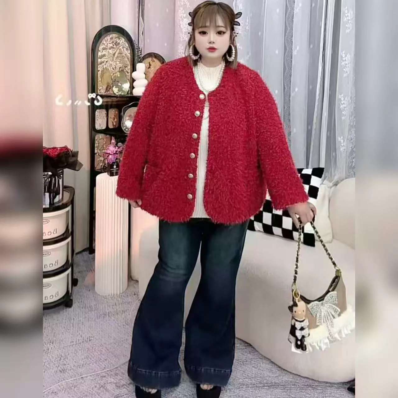 【胖妞妞优选】PLY-韩系设计感名媛风毛毛外套5595
