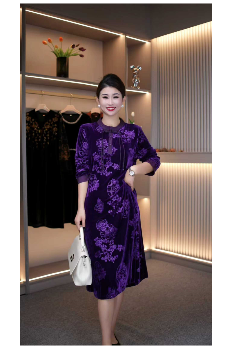 洋气妈妈新中式植绒压花减龄国风连衣裙